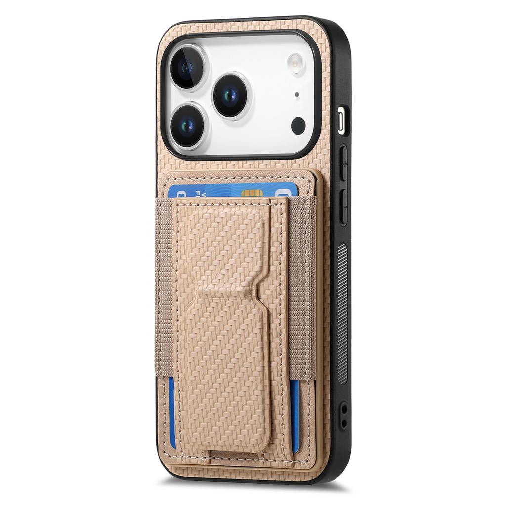For iPhone 17 Pro Case with Card Holder Kickstand Fiber Pattern Leather Back Cover