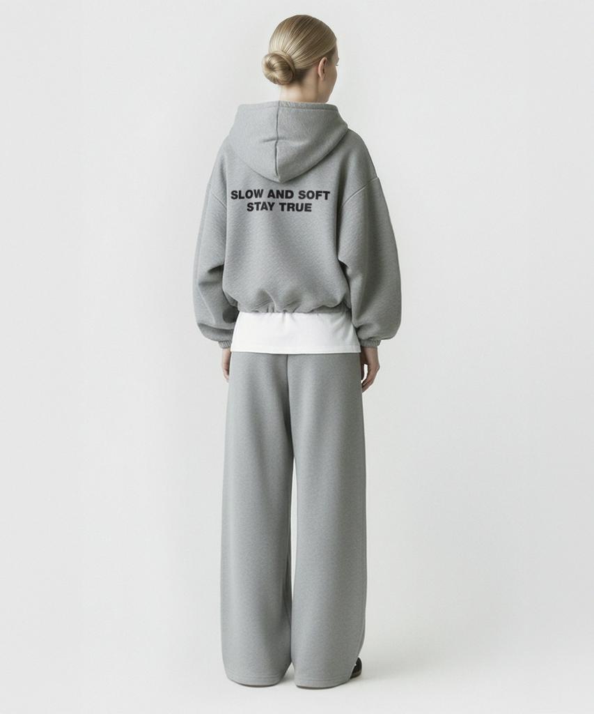 Prinoar [Set] Slow And Soft String Oversized Two-Way Zip-Up Hoodie + One-Pleat String Pants - Melange