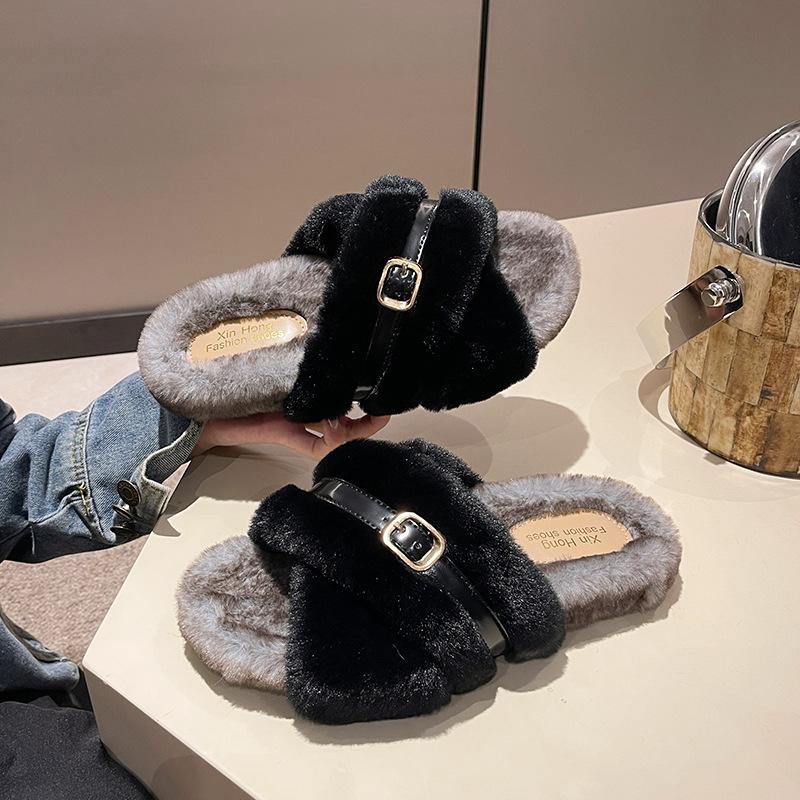 Internet Celebrity Mao Mao Slippers Women Wear 2025 New Autumn and Winter Thick Bottom Cross Home Drag Fairy Wind Maternity Cotton Slippers