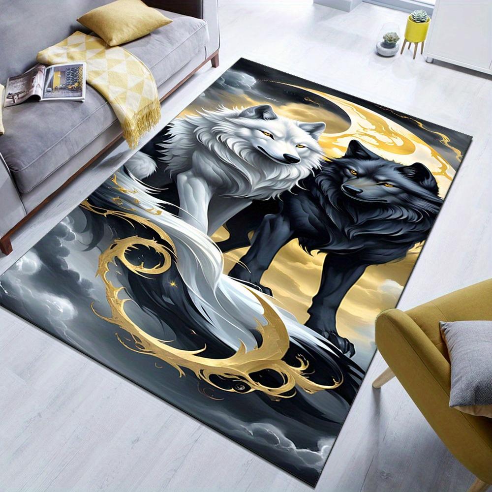 Wolf Rug - Dual Wolf Design with Golden Accents, Non-Slip Backing,  Crystal Velvet Area Rug for Living Room, Bedroom, Off
