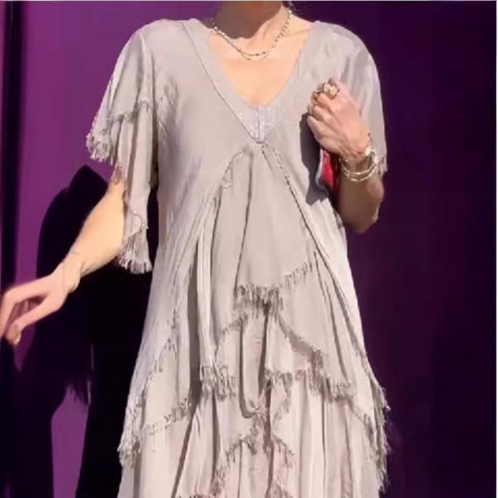 Women's V Neck Short Sleeve Maxi Dresses Loose Fit High Waist A Line Casual Sundress