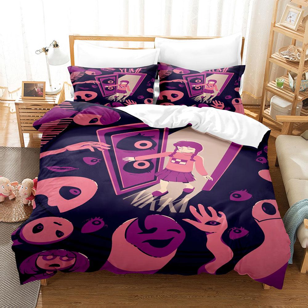 Yume Nikki Dark Dream Typography Duvet Cover Set 3PCS Polyester Bedding With 2 Pillowcases Indie Surreal Text Art Home Decor