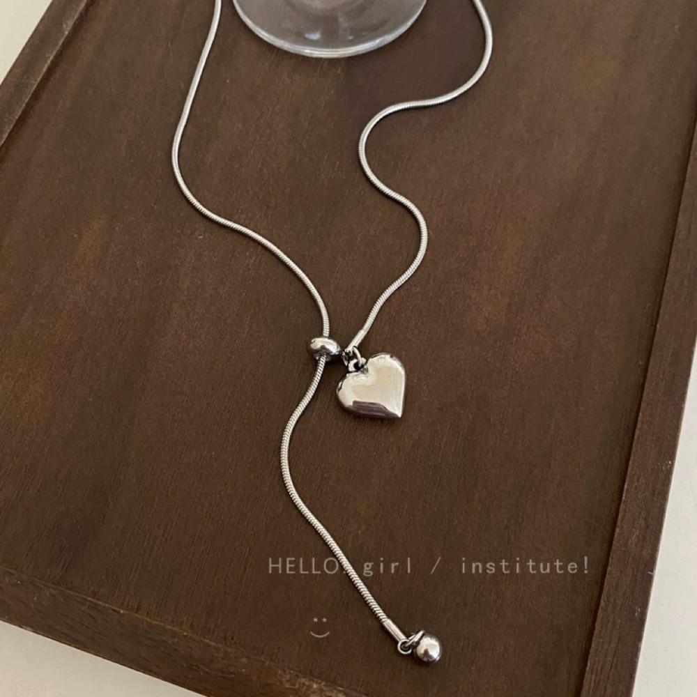 Personality Silver Color Stainless Steel Heart Pull Adjustable Pendant Necklace for Women Charm Y2K Long Collar Jewelry No Fade