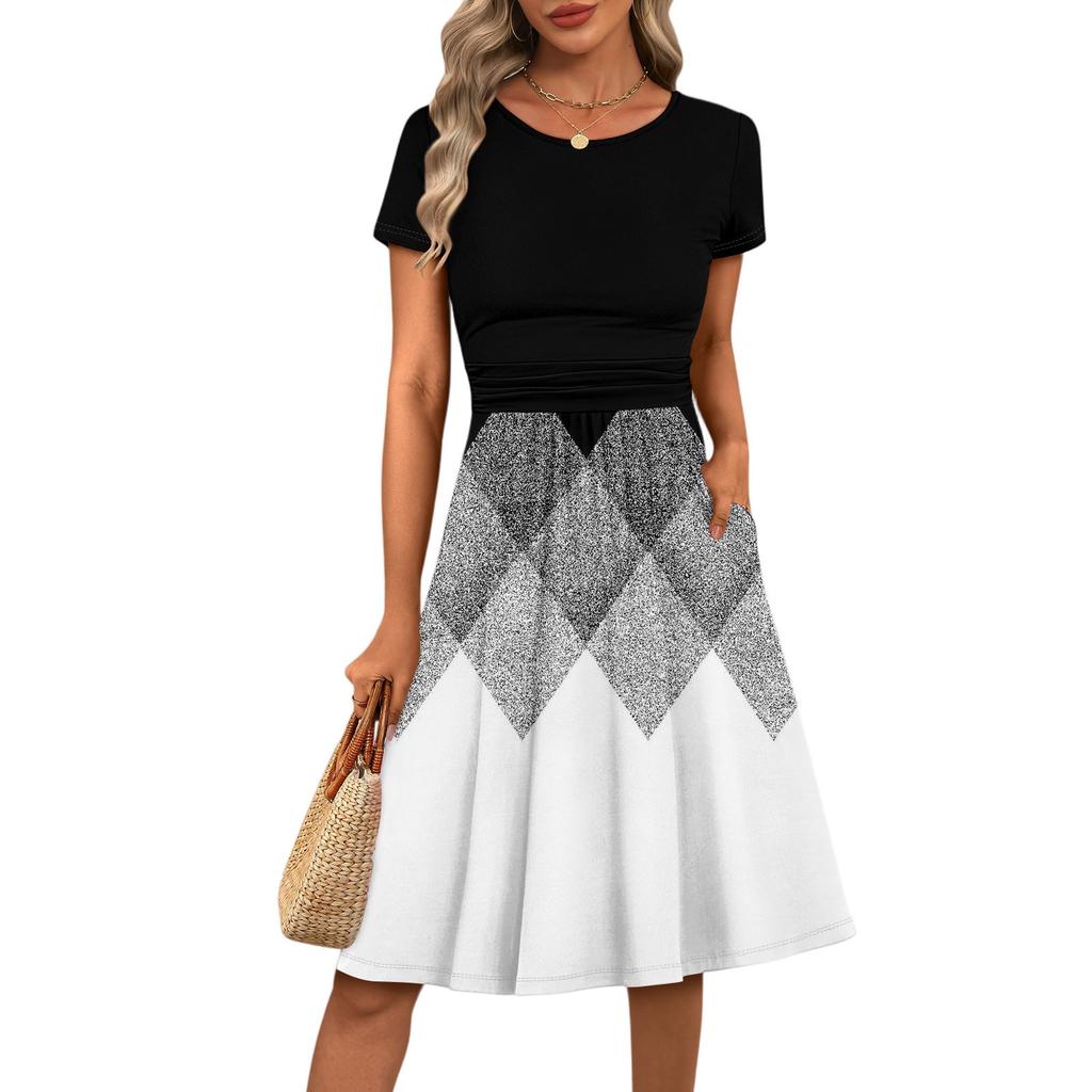 Women's Casual Fashion Round Neck Pleated Short Sleeve Floral Print A-Line Midi Dress