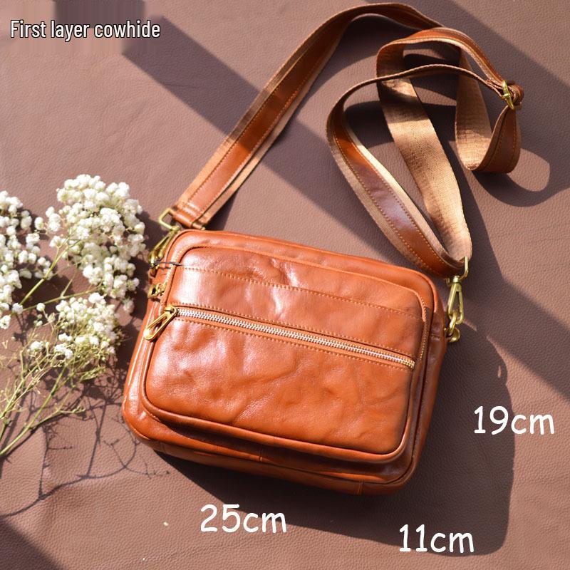 Men's Genuine Leather Crossbody Shoulder Bag, Retro Korean Style, Versatile for Women, New Trend.