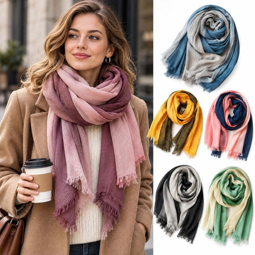 Lightweight Gradient Color Scarf Unisex Fringe Shawl Wrap Cotton Linen Scarf  For Women Ladies