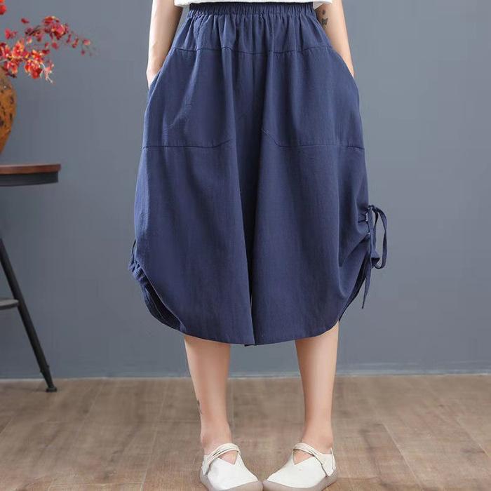 Letní volné kalhoty s volnými květy Ležérní kalhoty s elastickým pasem se širokými nohavicemi, velká velikost, střední pas, dámské jednobarevné kalhoty culottes zkrácené