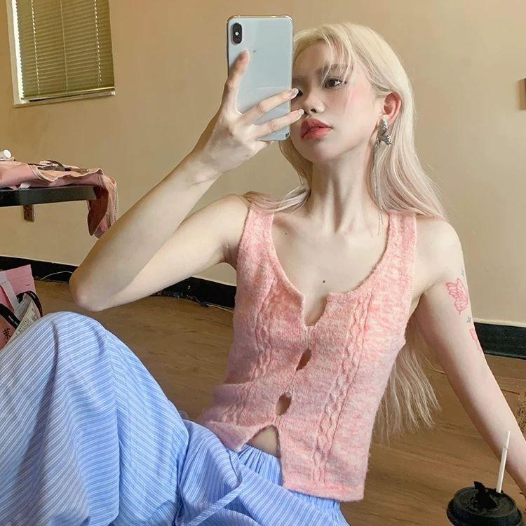 Dopamine Pink Hollow-out Knitted Vest Women's Summer Sweet Inner Wear Outerwear Vest Layered Camisole Top