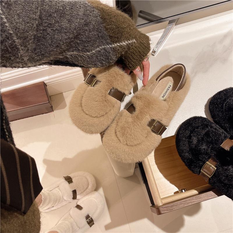 Buckle Mao Mao Shoes Women's 2025 Autumn and Winter New Plush One Pedal Pregnant Women Soft Sole Warm and Comfortable Doudou Single Shoes