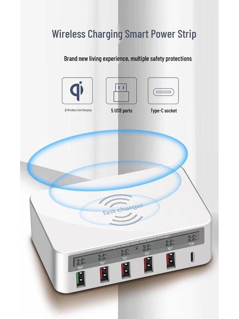6-Port USB Charger with QC3.0 Fast Charge, PD 20W, and 15W Wireless Mobile Charging