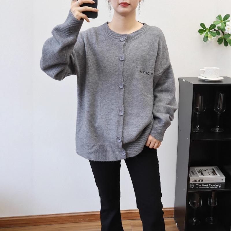 Gray high-end knitted cardigan autumn and winter new loose lazy wind soft waxy sweater jacket women