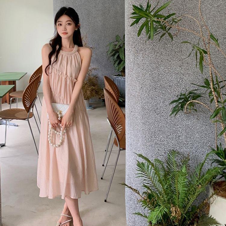 Vacation Wind Mint Green Sleeveless Neck Suspender Dress Women's Summer Seaside Vacation Loose Folds Medium and Long Skirt