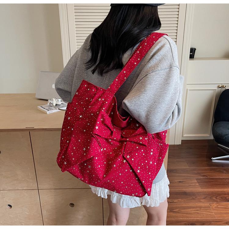 Canvas Bag Women's Large Capacity 2025 New Autumn Versatile Shoulder Bag Bow Casual Student Commuter Tote Bag