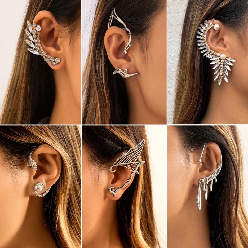 Vintage Kristal Elf Kulağı Manşetleri Küpe Takı Oyuk Metal Yaprak Deliksiz Sallantılar Klipsli Küpeler Kadınlar İçin