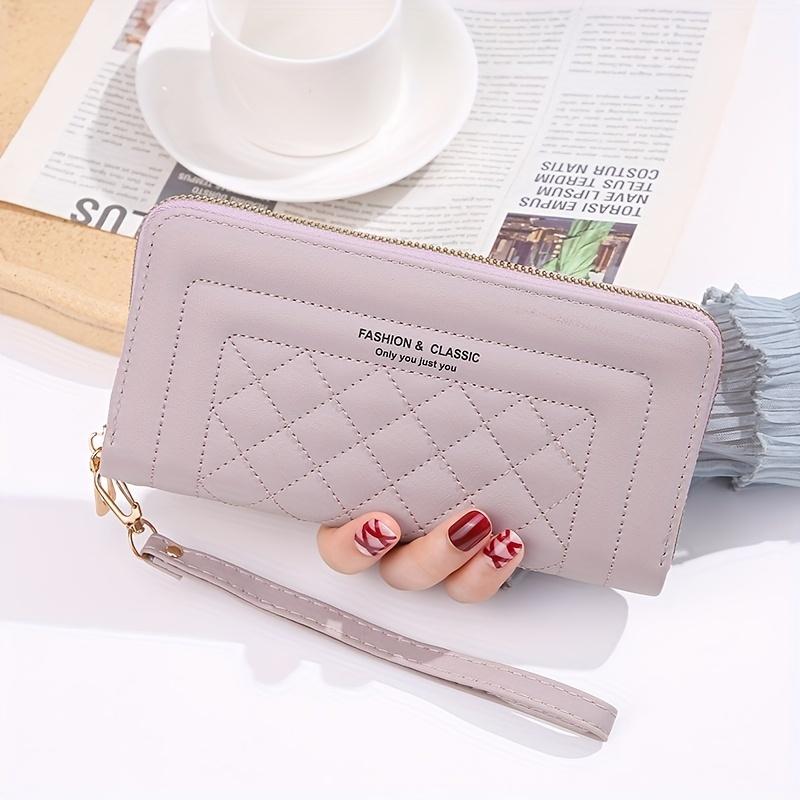 Elegant Quilted PU Clutch Wallet for Women, Urban Style Solid Color, Multi-Functional Large Capacity with Zipper Closure, Artificial Leather