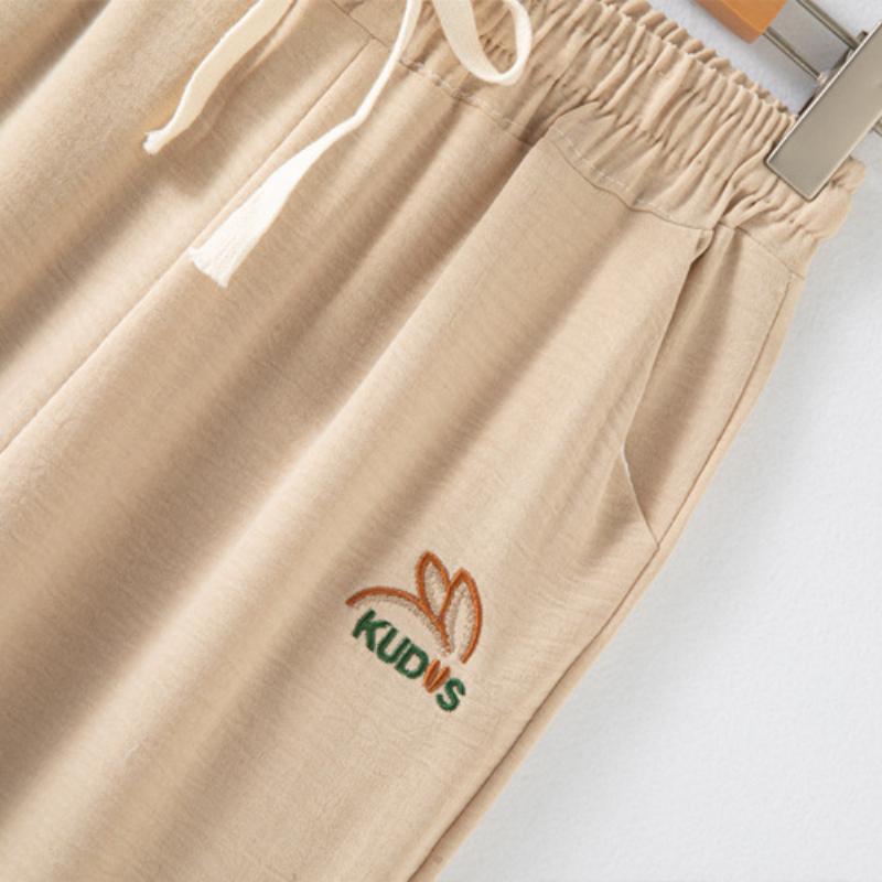 2025 New High-waisted Drawstring Women's Pants, Embroidered Ice Silk Casual Pants, Loose Straight-leg Pants