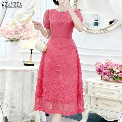 Women Casual Round Neck Short Sleeve Summer Lace Dress
