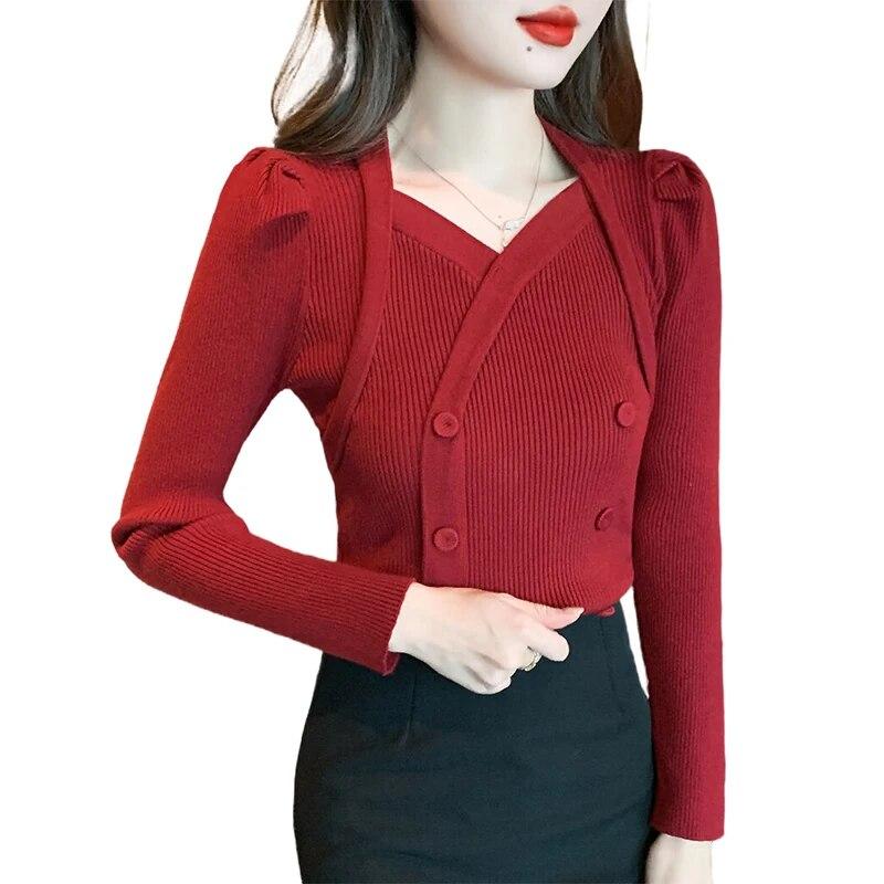 Rödrandig Långärmad O-hals Dam Tröjor Ull Bottom Tops Cardigan Jumper Stickad Tröja Dam Vinterkläder 29525