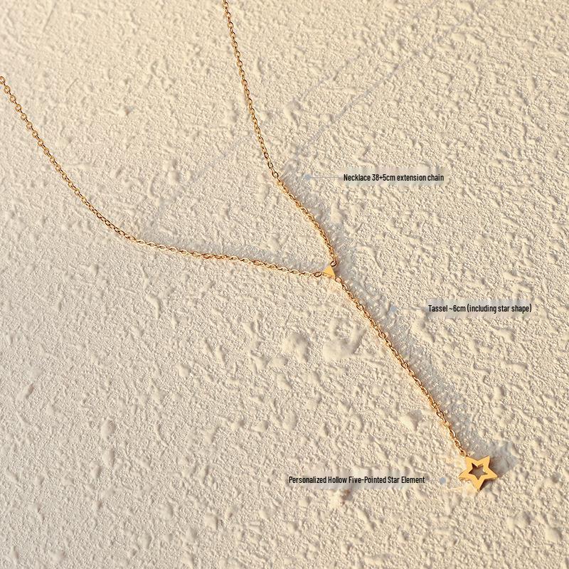 European Geometric Tassel Triangle & Star Necklace for Women - Clavicle Chain in 18K Gold Titanium Steel, Model P951.