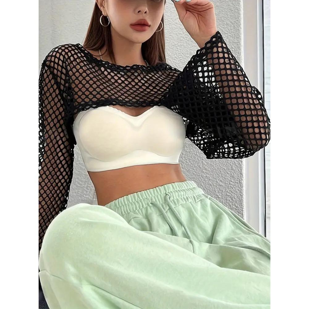Mesh Solid Color Hollow Top Spring and Autumn Long-sleeved Hollow Ultra-short Casual T-shirt for Women