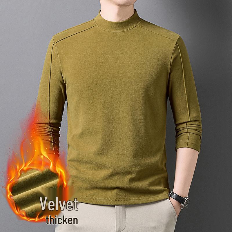Men's Warm Self-Heating Fleece Hoodie - New Style, Half-High Collar, Long Sleeve, Skin-Friendly, Solid Color, Versatile Base Layer.