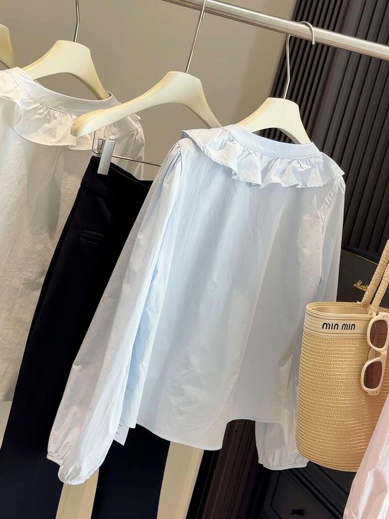 Women's Spring 2026 Ruffle V-Neck Shirt - Fashionable Age-Reducing Slimming Long Sleeve Top