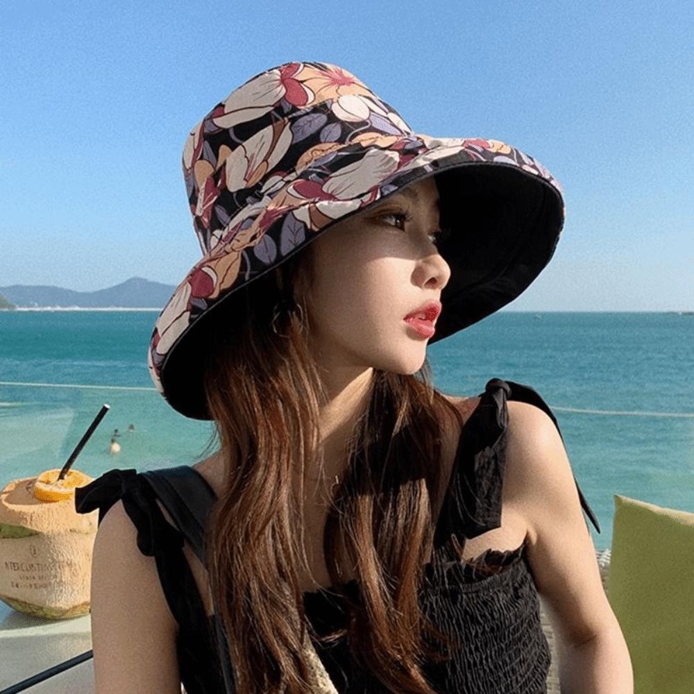 Double-Sided Women Fisherman Hat Flower Print Sunscreen Visor Cap Portable Summer Sun Hat  Travel