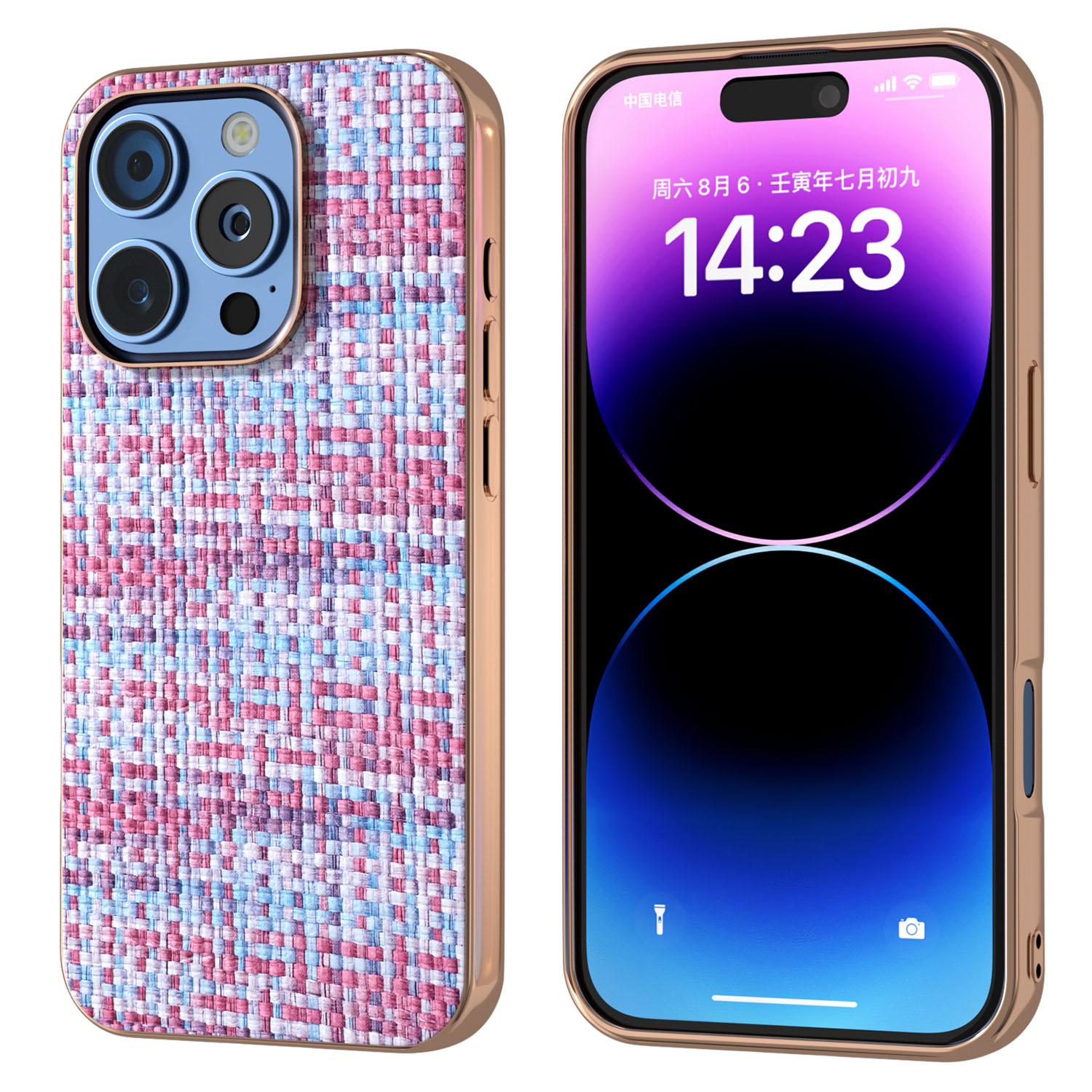 

For iPhone 16 Pro Max Case Electroplating Edge Plaid Texture PU Leather+PC+TPU Phone Cover Purple