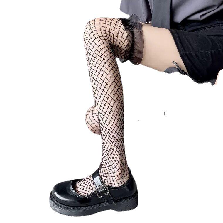 Damen Schwarze Netzstrümpfe mit Schleife und Spitze Überknie - Dünn, Sexy und Schlankmachend