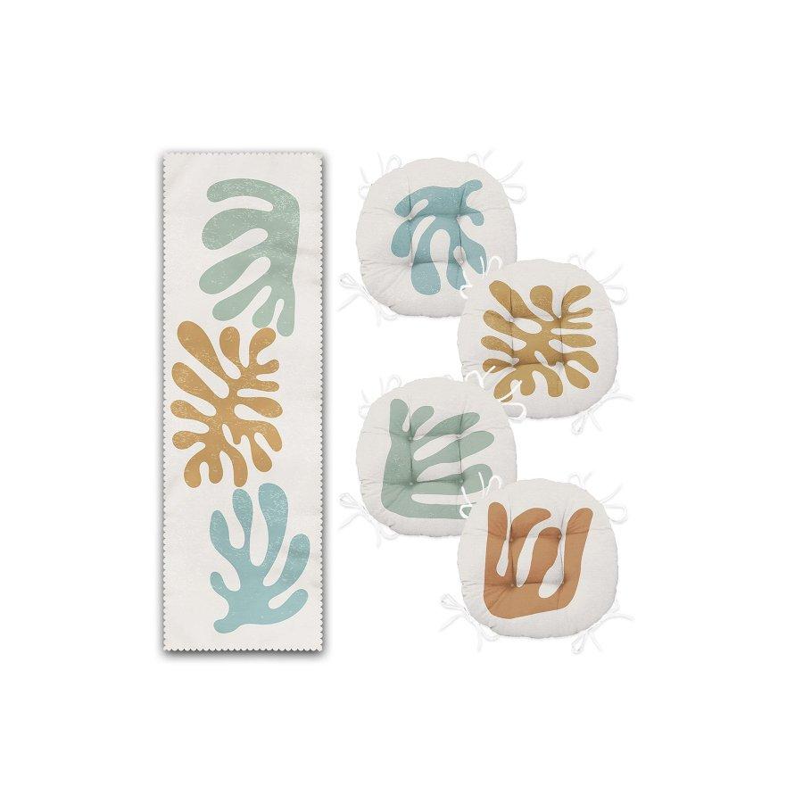 5-teiliges Stuhlkissen-Set / digital bedruckt, 4 Stück runde Stuhlkissen und 1 Stück Läufer