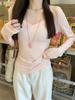 Autumn Korean Grey V-Neck Slim-Fit Cotton Long-Sleeve Women's T-Shirt