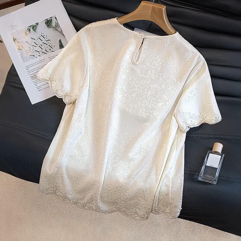 Women's Elegant Beaded Round Neck Three-Quarter Sleeve Blouse