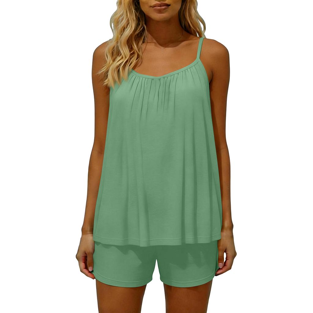 Women's Color Loose Fitting Backless Sleeveless Pullover Top And Elastic Waist, Pocketless Shorts Set.