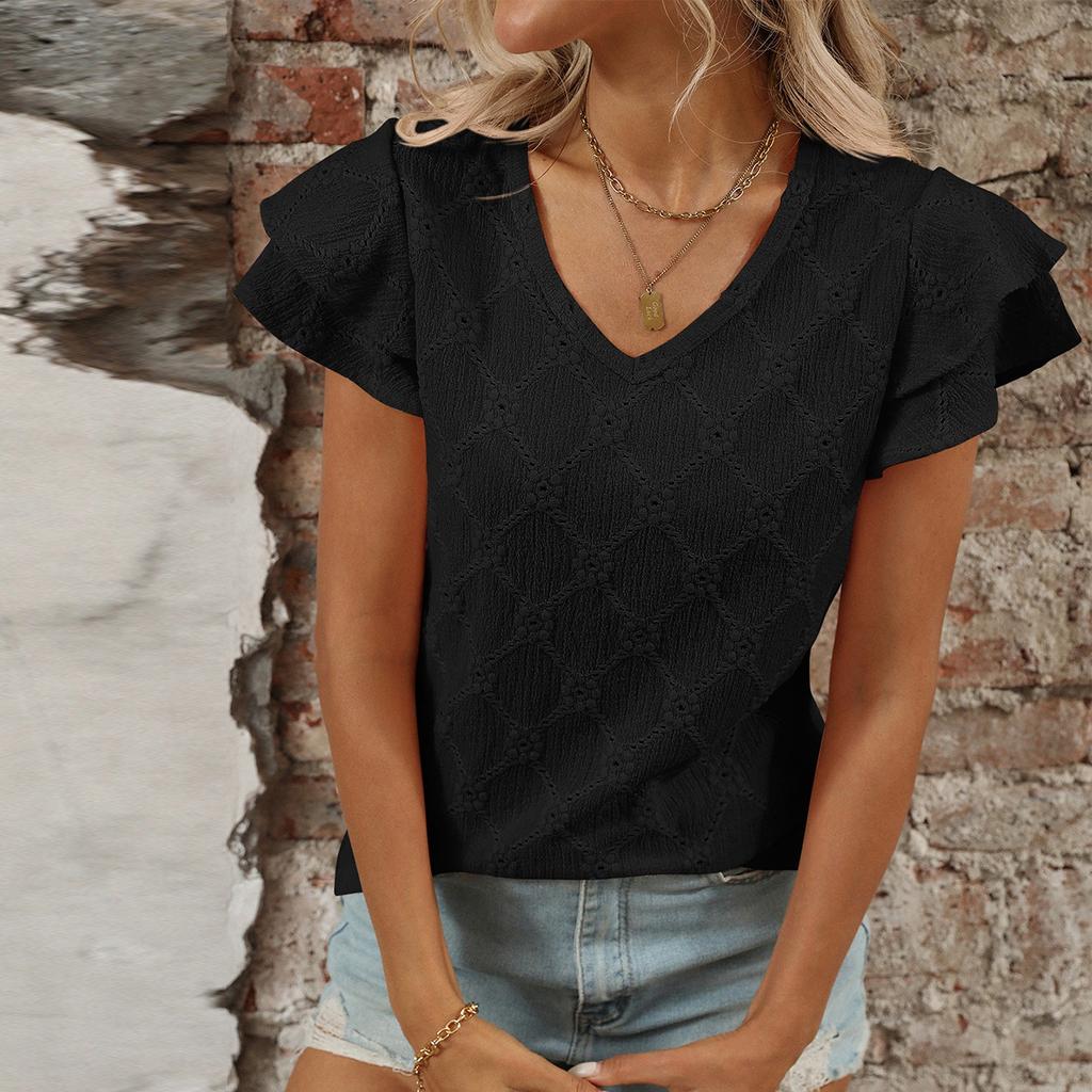 Damenmode Einfarbig V-Ausschnitt Kurzarm Pullover T-Shirt Top