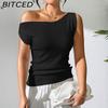 BITCED Versatile Solid-Colour Sleeveless Knit Vest Seductive Fitted Knit T-Shirt Designer Off-Shoulder Top