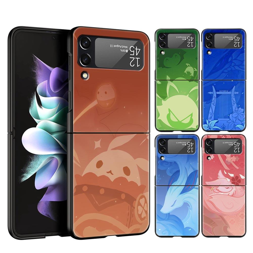 For Samsung Galaxy Z Flip 3 4 5 Hard Black Folding PC Phone Case Genshin Impact Logo For Samsung Z Flip3 Cover Protect Shell