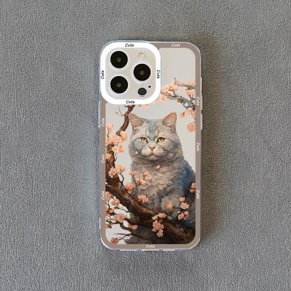 Painted Plum Blossom Flower Cat Clear Phone Case For iPhone 11 12 13 Pro Max 14 15 Pro Max Plus XS XR X Transparent Back Cover