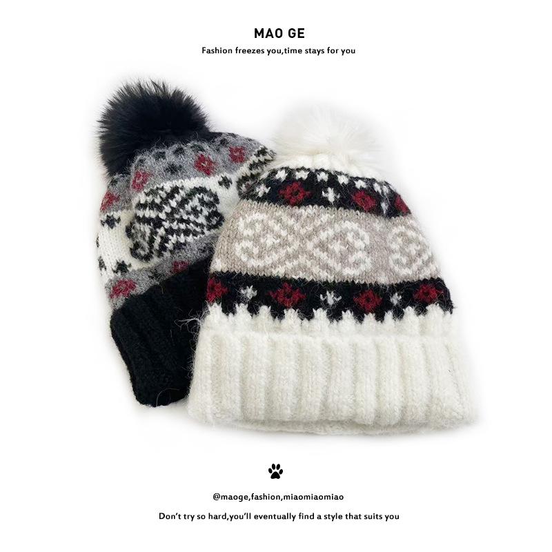 Cat Brother Retro Fair Isle Pom-Pom Knit Hat - Autumn/Winter Warmth