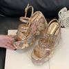 Fashion Liyke Sexy 13CM Wedges Sandals Women Gold Sequined Flowers Thick Bottom Open Toe Party Dress Shoes Platform High Heels Sandalias