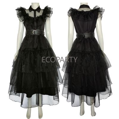 Fantasia Cosplay de Wednesday Adams Vestido Preto Adams Vestido Feminino Adulto Conjunto para Festa de Halloween Carnaval Role Play Em Estoque Anime