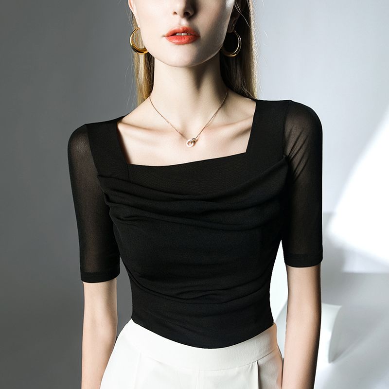 Fransk Vintage Firkantet Hals Halvarmet Tyllbluse Dame Sommer Ny Mote Undertrøye