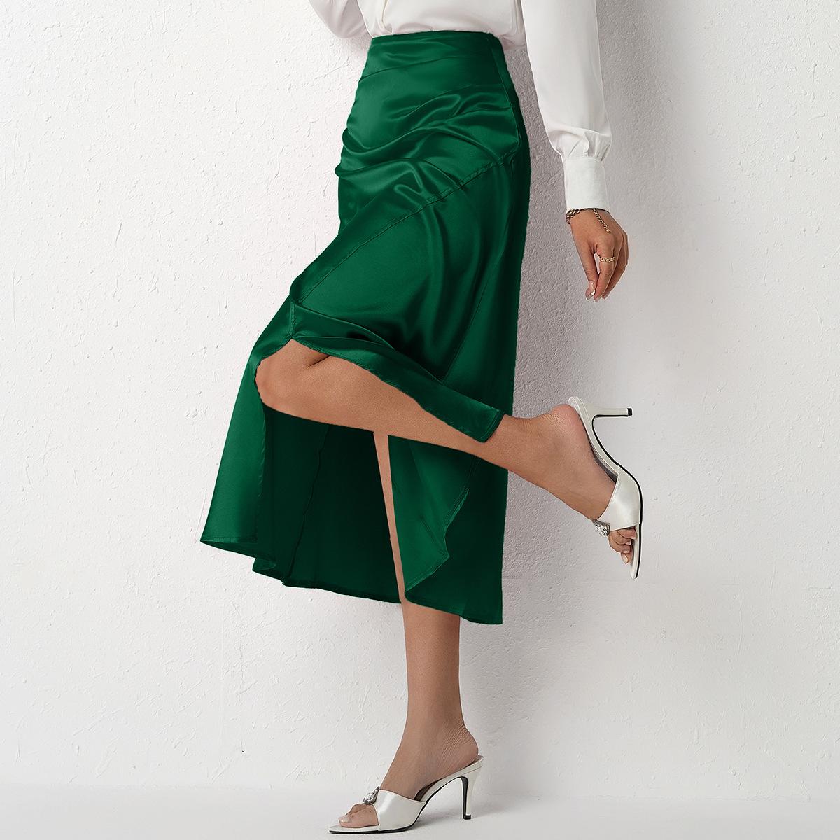 Women High Waist Satin Ruched Detail Split Hem Midi Skirt S зелёный