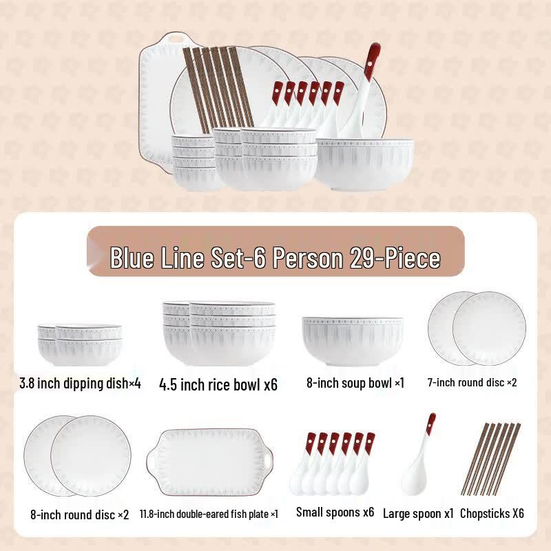 KANGMO 29-Piece Blue Stripe Ceramic Dinnerware Set for 6