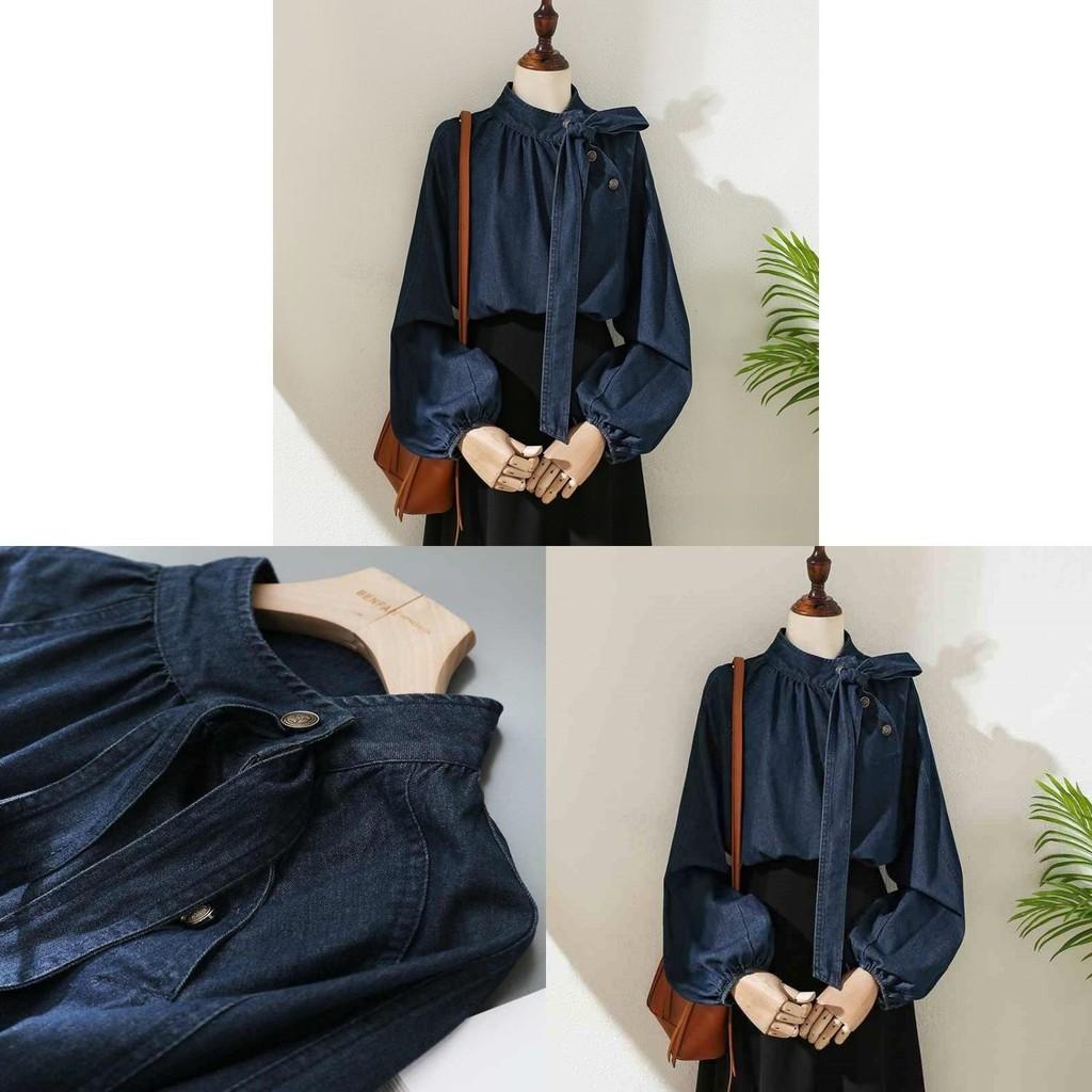 Designer Bowknot Denim Shirt With 3d Pattern And Lantern Sleeves For Spring Casual Wear