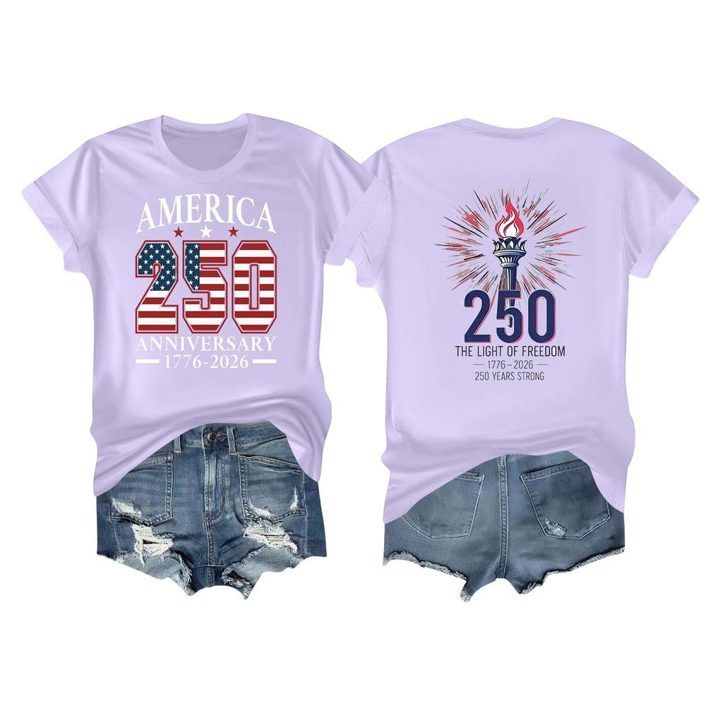 Women's Casual Independence Day 250 Anniversary Printed T-shirt Round Neck Pullover Short Sleeve Top