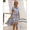 Summer Short Sleeve Women Floral Printed Shirt Dress Single-breasted Loose Casual Office Holiday Lace-up A-line Party Dresses Elegant Fashion Clothng
