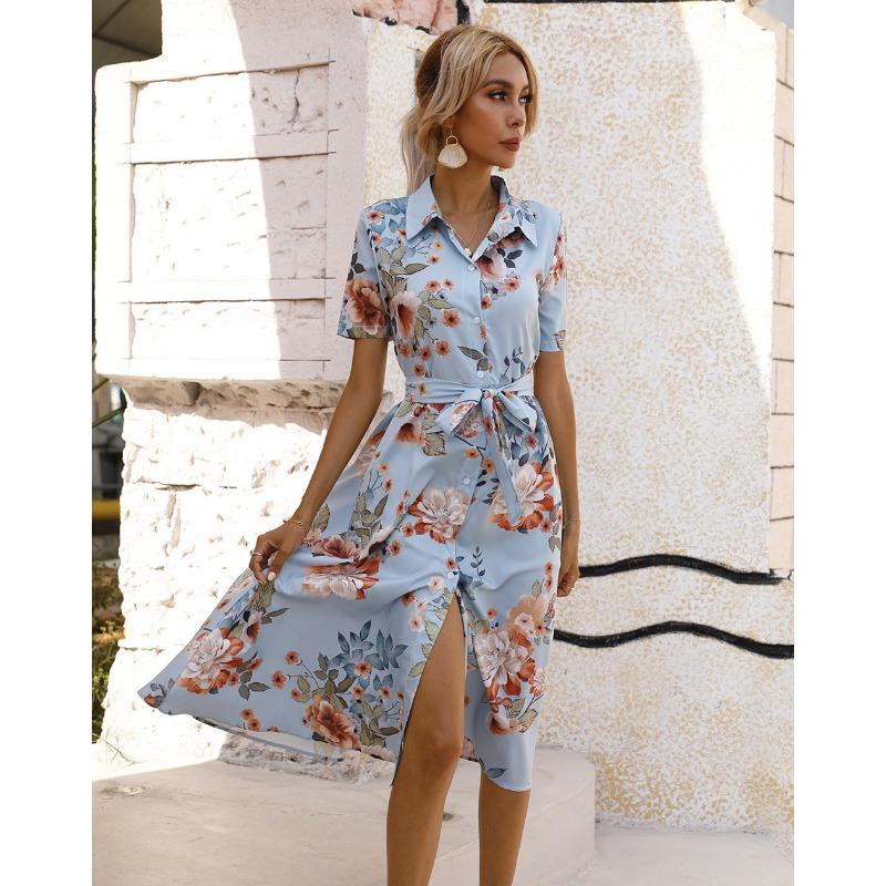 Summer Short Sleeve Women Floral Printed Shirt Dress Single-breasted Loose Casual Office Holiday Lace-up A-line Party Dresses Elegant Fashion Clothng