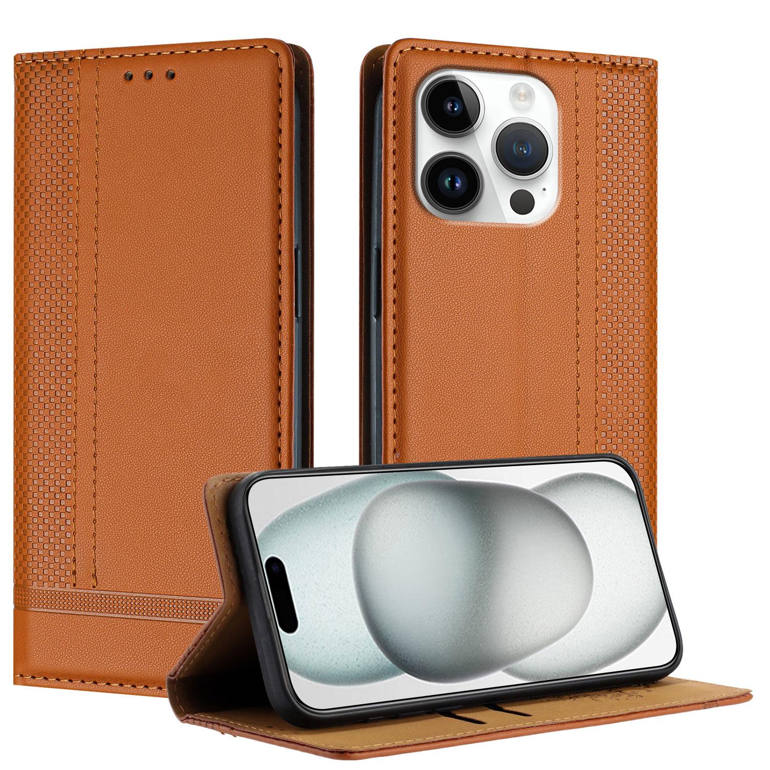 

For iPhone 16 Pro Case L-Shaped Grid Pattern Leather Stand Phone Cover with Card Slots Brown