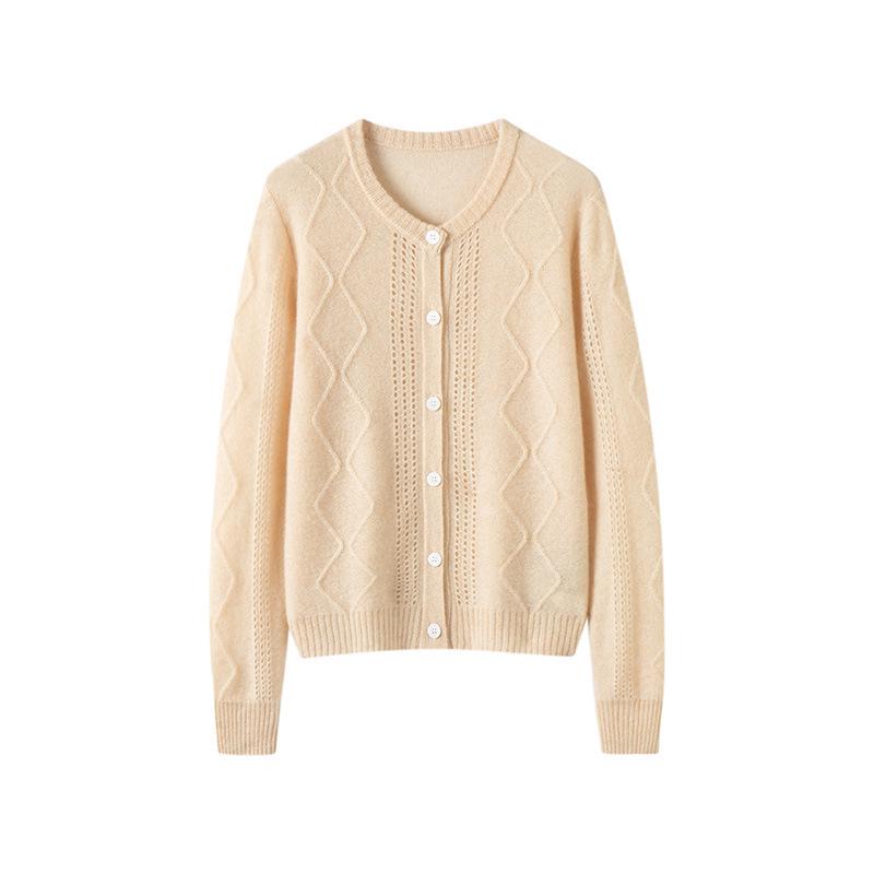 Pure Cashmere Women's V-Neck Cardigan with Elegant Hollow Diamond Pattern for Autumn/Winter