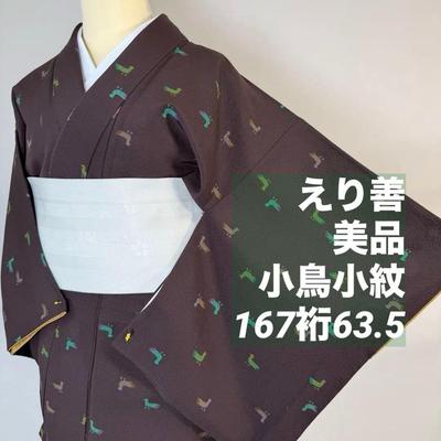 Used Erizen, Good Condition, Pure Silk, Fine Pattern, Sash, Kimono, 167 Sleeve 63.5, Brown, Small Bird, Unique, Tall